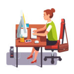 Clerk woman working on a desktop computer at the office desk. Sitting on chair and keyboard typing. Flat style color modern vector illustration.